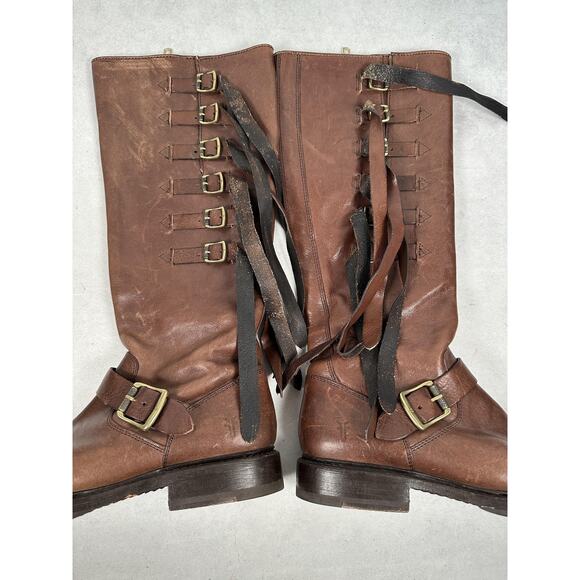 Frye Veronica Strap Boots 8 Brown Leather Fringe Knee Hight Moto buckle - Picture 6 of 13